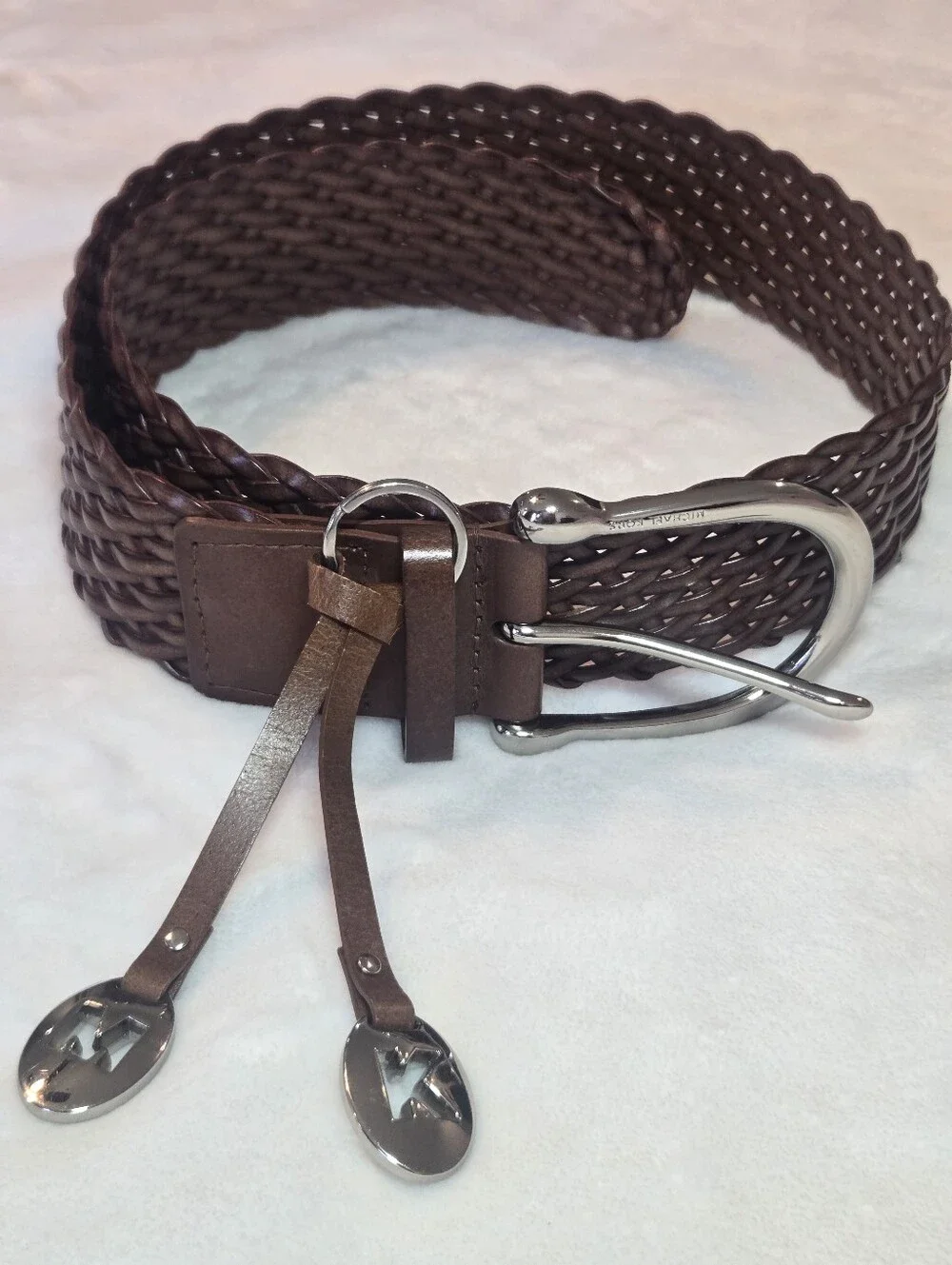 Michael Kors Brown Leather Braided Belt With Silver Charms Small